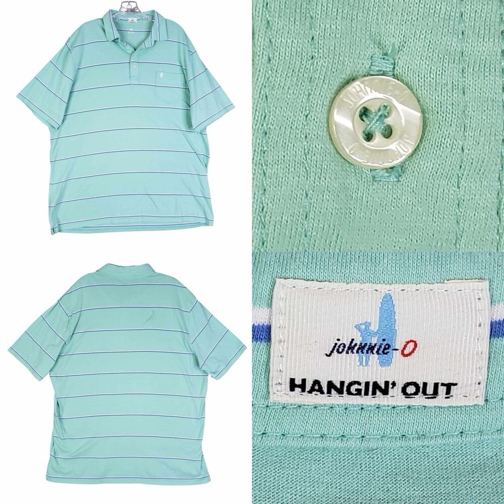 Johnnie O Hanging Out Polo Shirt Men's Size XXL Green Teal Stripe Short Sleeve
